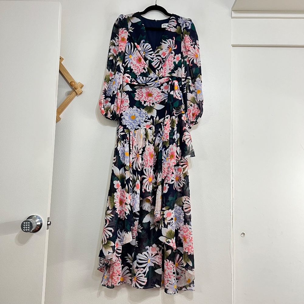 NEW Eliza J Floral Print Long Sleeve High Low Faux Wrap Dress Size 6 - Picture 3 of 11